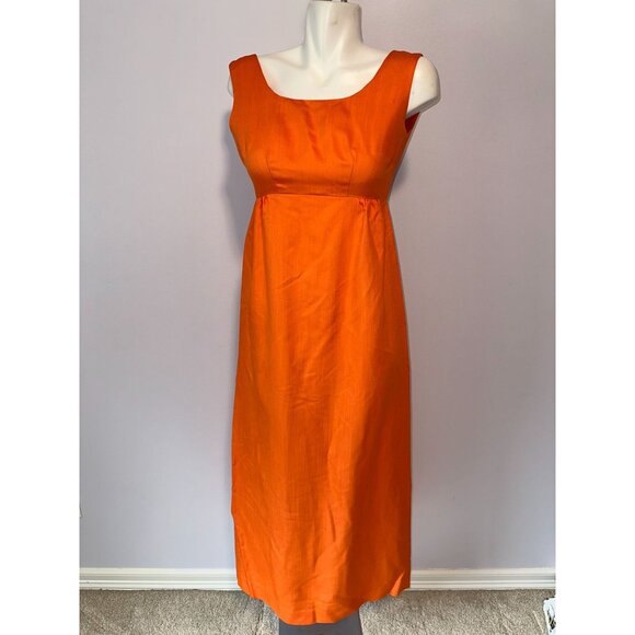 Vtg 70s Orange Dress Sleeveless Maxi Pumpkin Fall Womens Empire Waist Size Small - Picture 2 of 5